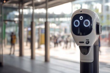 Poster - Camera equipped with facial recognition technology in a bustling indoor location