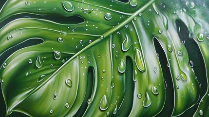 Poster - Close-up of water droplet trails cascading on a waxy green leaf