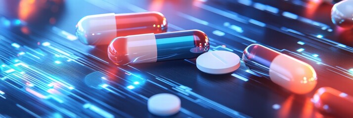 Poster - Modern graphic design showcasing colorful capsules on a digital background with glowing effects