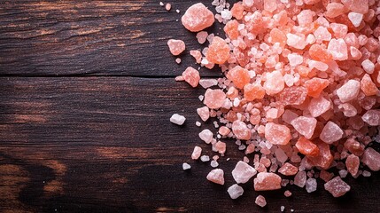 Poster - Scattered grains of vibrant pink Himalayan salt on a dark wooden table