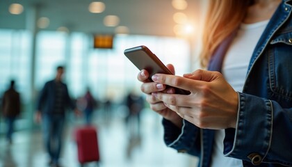 Woman Using Phone Attentively in Airport