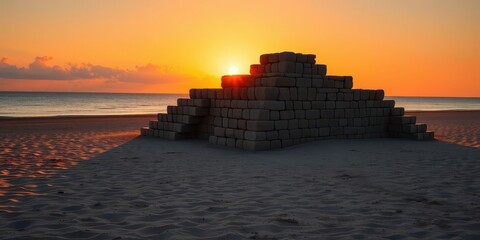 Wall Mural - sunset casts long shadows on a stone pyramid built on a sandy seashore, structure, coast