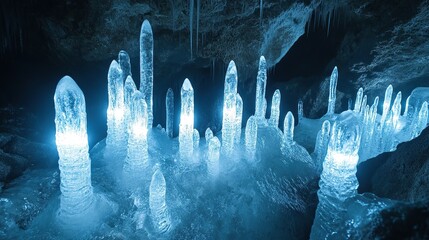 Poster - The repetitive pattern of translucent ice stalagmites growing upward on a frosty cave floor