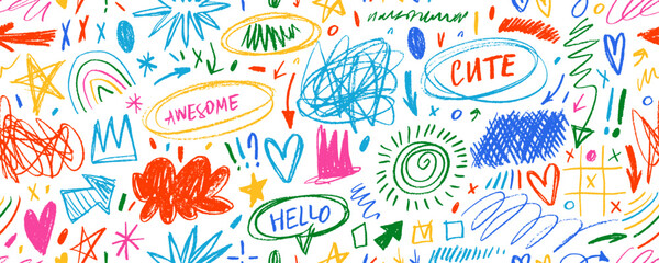 Aufkleber - Colorful childish crayon drawn doodle seamless banner design. Creative cute abstract squiggles, scribbles and kid's doodles. Funky punk seamless pattern with pencil drawings, messy shapes and lines.