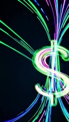 Poster - Vibrant neon dollar sign with dynamic, colorful light trails on black background