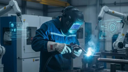 Poster - Man welder using augmented reality interface in modern factory. Industrial worker with protective mask and blue uniform welding metal with robotic arms in smart manufacturing facility.