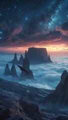 a breathtaking mountain landscape emerges from a sea of clouds, illuminated by a celestial sky and f