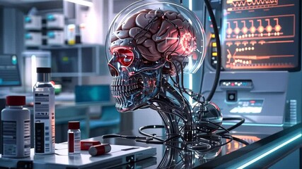 Poster - Medical technology unveiling a transparent skull model showcasing brain functionality in a modern lab setting