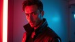 © ADog - Cyberpunk Male Model Portrait: Futuristic Leather Jacket, Red and Blue Lighting, Modern Photo Studio, Abstract Digital Background