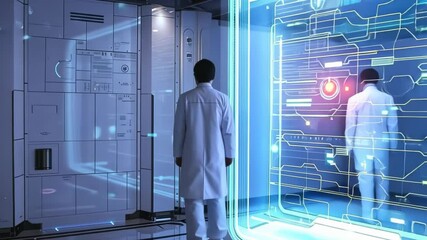 Poster - Exploring advanced technology in a futuristic lab environment with interactive holograms
