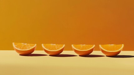 Poster - Four segments of orange fruit are placed on a yellow surface, creating a vibrant and refreshing scene against a matching orange backdrop, casting long shadows under the sunlight