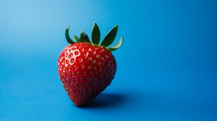Poster - Ripe, juicy strawberry with green leaves sits on a vibrant blue backdrop, creating a visually appealing contrast and emphasizing the freshness and vibrancy of the fruit