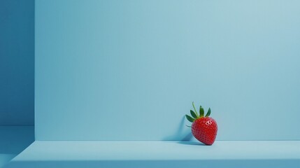 Poster - Fresh red strawberry positioned at the corner of a blue minimalist background, creating a vibrant and simple composition with ample copy space for creative use