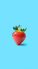 Poster - Vibrant red strawberry resting on lush green leaves, set against a light blue background, creating a striking visual with ample copy space for design versatility