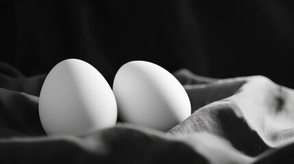 Poster - Two pristine white eggs nestle on a textured grey cloth, creating a striking contrast against a dark background, captured in evocative black and white