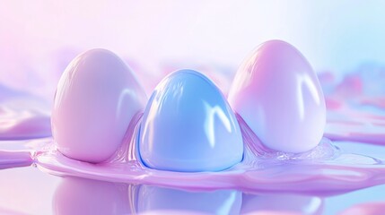 Poster - Three pastel-colored eggs emerge from a glossy, reflective surface, creating a visually appealing abstract composition with a soft, dreamy atmosphere