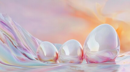 Poster - three iridescent spheres of increasing size are nestled on a dreamy, pastel-colored landscape, refle