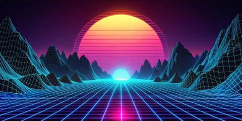 Poster - 80s Synthwave Sunset: Laser Grid Canyon Landscape Stock Photo