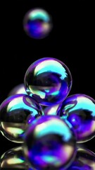 Poster - Colorful iridescent bubbles dancing gracefully in midair against a black background