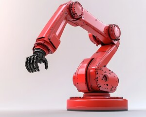 Poster - A sleek red robotic arm showcasing advanced design and engineering. Ideal for illustrating automation, industry, and robotics in modern technology contexts.
