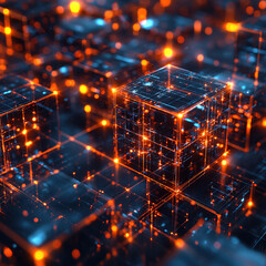 Poster - Exploring digital cubes virtual space 3d visualization high-tech environment close-up view futuristic concept
