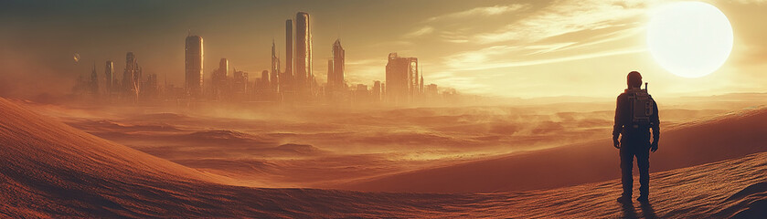 Wall Mural - Exploring futuristic landscapes a lone figure in a desert cityscape at sunset