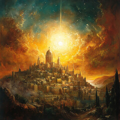 Poster - Ethereal sunrise over ancient city jerusalem fantasy artwork celestial environment wide angle view spiritual concept