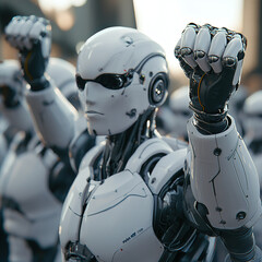 Poster - Futuristic robot demonstration urban setting digital art high-tech environment close-up view innovation showcase