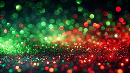 Poster - Abstract Dark Background with Shimmering Neon Green and Red Sparkles - Long Exposure Blur Glitter Texture