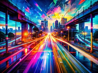 Poster - Abstract Futuristic Cityscape: Double Exposure Glitch Art Roads