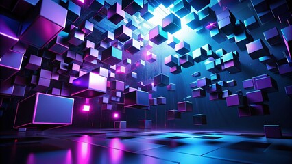 Aufkleber - Abstract Futuristic Silhouette: Floating Blue Purple Cubes in Dark Space