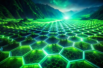 Poster - Abstract Green Neon Hexagon Grid Landscape - Futuristic Nature Stock Photo