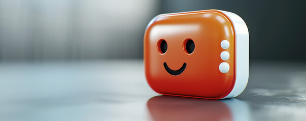 Leinwandbilder - 3D rendered orange chatbot icon with smiling face and three dots on smooth surface, symbolizing AI communication