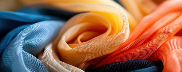 Fototapete - close up view of heat reactive fabric displaying vibrant array of colors, including blue, orange, and yellow, showcasing its dynamic color changing properties