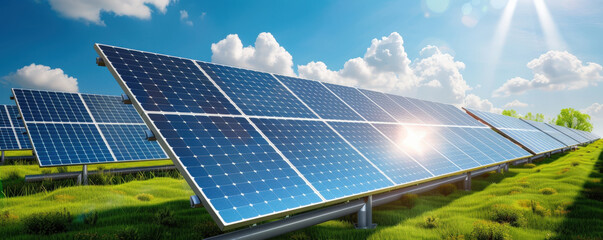 Aufkleber - large solar panel farm absorbs sunlight in futuristic landscape, showcasing renewable energy technology under bright blue sky with fluffy clouds