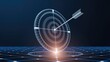 © Synaf official - Abstract digital target with an arrow in the center. Growth strategy or financial goal concept. Futuristic low poly wireframe vector illustration on blue technology modern background. The bull's eye