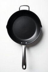 empty frying pan with long handle on white backdrop, cuisine, culinary