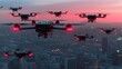 Multiple drones flying over a city at dusk.