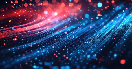 Abstract digital wave with red and blue bokeh lights.