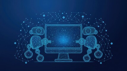 Fototapete - Abstract polygonal 3d illustration of computer screen and robotics in dark blue. Innovative web development, app or website design concept. Digital vector mesh with lines, dots, stars and particles 