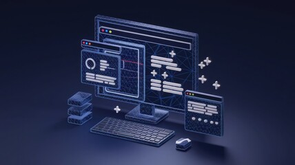 Fototapete - Abstract polygonal 3d illustration of computer screen and robotics in dark blue. Innovative web development, app or website design concept. Digital vector mesh with lines, dots, stars and particles 
