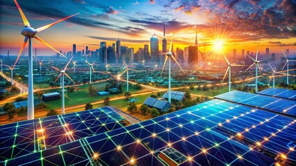 Aufkleber - Aerial View of Futuristic Energy Web Technology Network, Power Grid, Data Center, Solar Panels, Wind Turbines