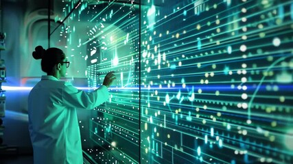 Poster - Scientist interacts with futuristic digital display in a research lab focused on data analysis