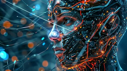 Poster - Exploring the fusion of technology and humanity in a futuristic setting with vibrant lights and intricate designs