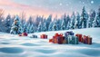 © Kathy - Snowy landscape with assorted gift boxes, winter wonderland Christmas scene, background, blue