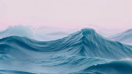 Poster - Choppy blue ocean waves crash under a pale sky with soft pink hues at sunrise on a serene morning
