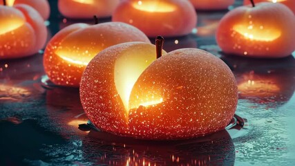 Poster - Bright orange glowing apples illuminate a serene surface at twilight in a tranquil setting