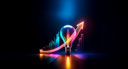 Poster - neon light bulb with upward arrow and bar graph on dark background. symbolizes bright ideas, growth,