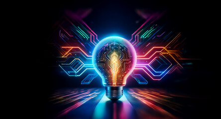 Poster - A glowing light bulb with circuit pattern inside is surrounded by vibrant neon lights against a dark backdrop, representing technology and innovation.