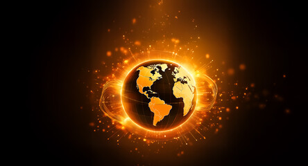 Poster - A glowing earth globe is centered against a dark backdrop, encircled by vibrant orange particles and lines, suggesting energy and global connectivity.